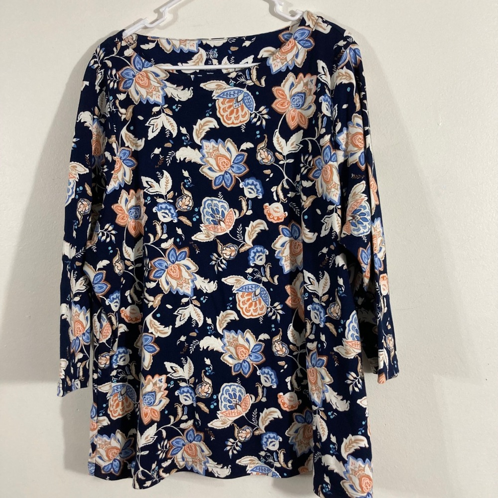 Croft & Barrow Floral Boatneck Top Plus Size 2X Navy Blue Cotton 3/4 Sleeve